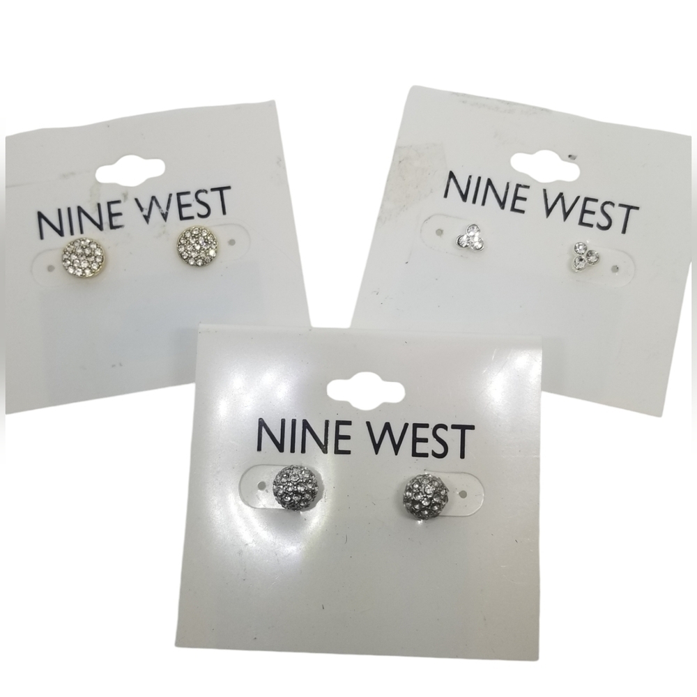 NINE WEST CRYSTAL STUD COLLECTION THREE PAIR BUNDLE EARRINGS